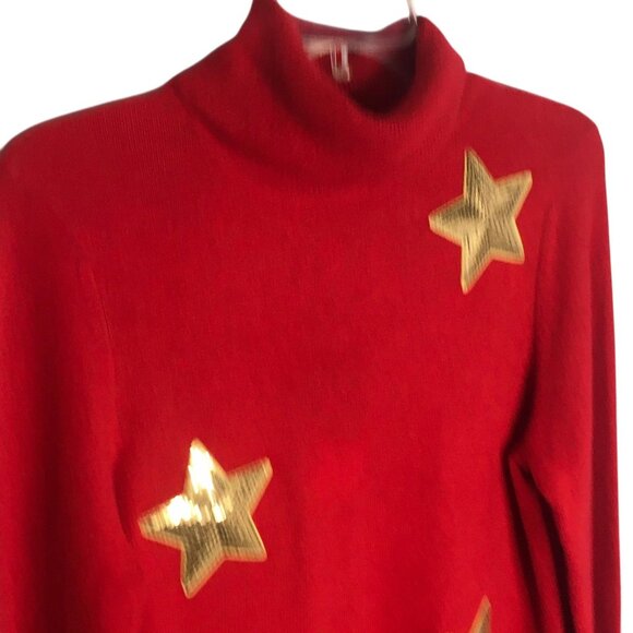 Cashmere  Sweater Womens Medium Red Turtleneck Gold Sequin Stars Celestial - Picture 5 of 16